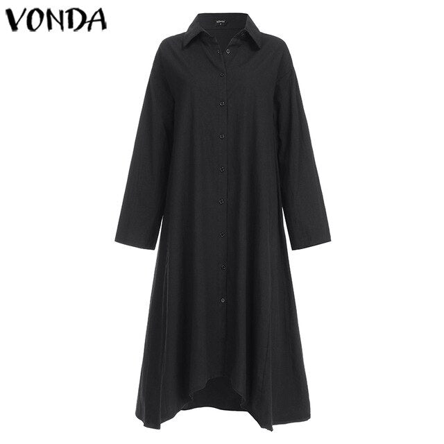 VONDA Office Ladies Dress Women Sexy Turn-down Collar Asymmetrical Party Dress Summer Sundress Casual Loose Vestido Plus Size