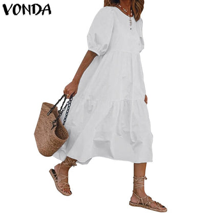 VONDA Summer Maxi Long Dress Plus Size Solid Color Lantern Sleeve Dresses Casual Party Sundress Loose Beach Vestidos Femme Robe