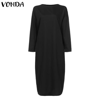 VONDA Women's Long Maxi Dress Fashion Womens Tunics Round Neck Long Sleeve Shirt Dress Party Vestidos Plus Size Robe Femme
