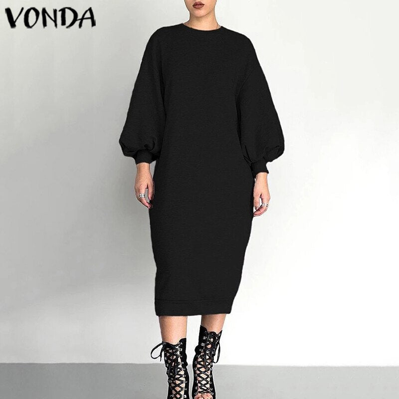 VONDA Women's Long Maxi Dress Fashion Womens Tunics Round Neck Long Sleeve Shirt Dress Party Vestidos Plus Size Robe Femme