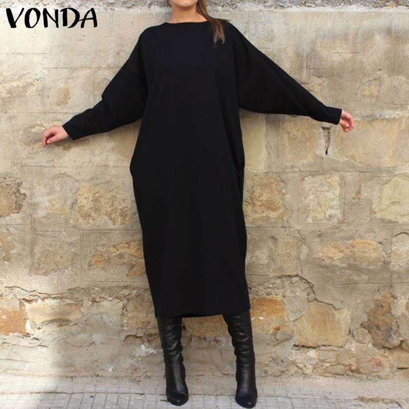 VONDA Women's Long Maxi Dress Fashion Womens Tunics Round Neck Long Sleeve Shirt Dress Party Vestidos Plus Size Robe Femme