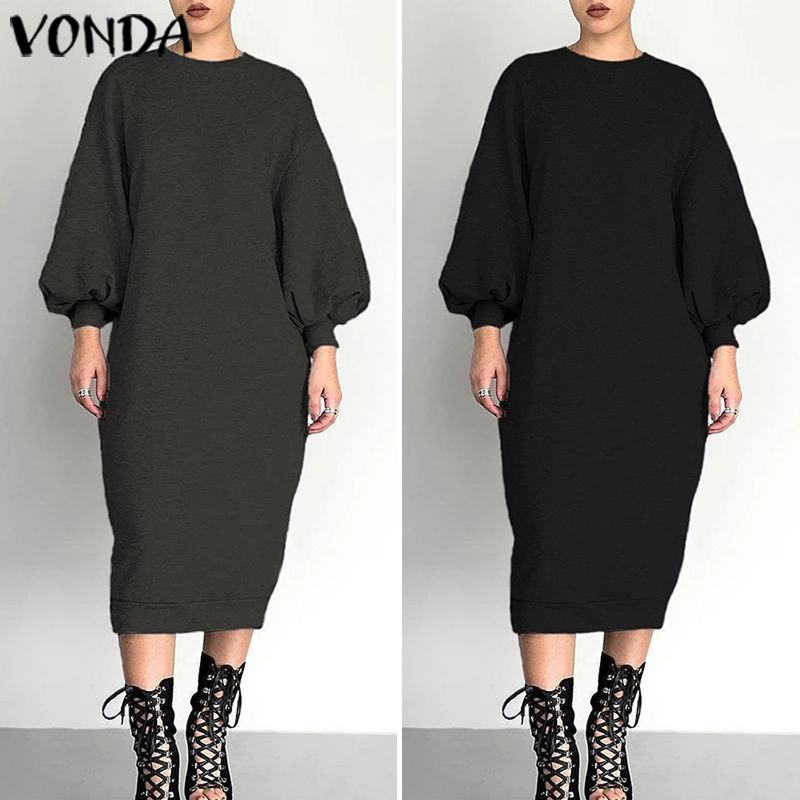 VONDA Women's Long Maxi Dress Fashion Womens Tunics Round Neck Long Sleeve Shirt Dress Party Vestidos Plus Size Robe Femme