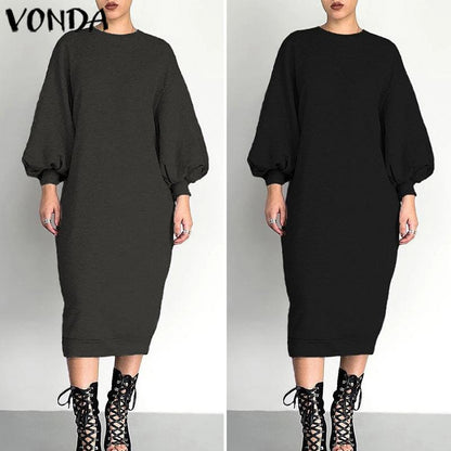 VONDA Women's Long Maxi Dress Fashion Womens Tunics Round Neck Long Sleeve Shirt Dress Party Vestidos Plus Size Robe Femme