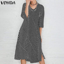 将图片加载到图库查看器，VONDA Women&#39;s 2020 Party Dress Cotton Split Hem Knee Length Dress Bohemian Vestidos Plus Size Fashion Autumn Sundress

