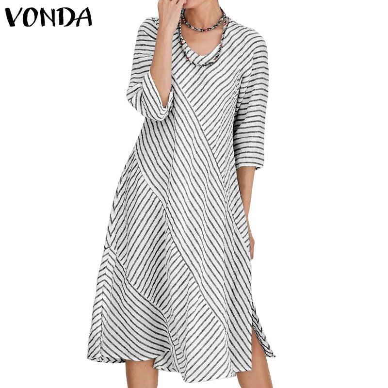 VONDA Women's 2020 Party Dress Cotton Split Hem Knee Length Dress Bohemian Vestidos Plus Size Fashion Autumn Sundress