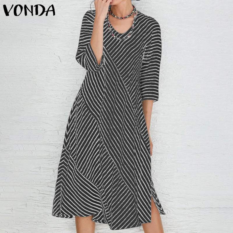 VONDA Women's 2020 Party Dress Cotton Split Hem Knee Length Dress Bohemian Vestidos Plus Size Fashion Autumn Sundress