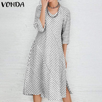 VONDA Women's 2020 Party Dress Cotton Split Hem Knee Length Dress Bohemian Vestidos Plus Size Fashion Autumn Sundress