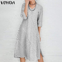 将图片加载到图库查看器，VONDA Women&#39;s 2020 Party Dress Cotton Split Hem Knee Length Dress Bohemian Vestidos Plus Size Fashion Autumn Sundress
