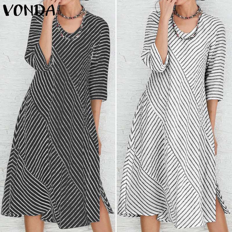 VONDA Women's 2020 Party Dress Cotton Split Hem Knee Length Dress Bohemian Vestidos Plus Size Fashion Autumn Sundress