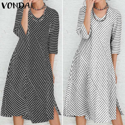 VONDA Women's 2020 Party Dress Cotton Split Hem Knee Length Dress Bohemian Vestidos Plus Size Fashion Autumn Sundress