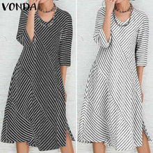 将图片加载到图库查看器，VONDA Women&#39;s 2020 Party Dress Cotton Split Hem Knee Length Dress Bohemian Vestidos Plus Size Fashion Autumn Sundress

