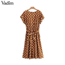 Load image into Gallery viewer, Vadim vintage bow tie sashes dot pattern midi dress elastic waist short sleeve summer ladies casual dresses vestidos QA092
