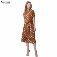 Load image into Gallery viewer, Vadim vintage bow tie sashes dot pattern midi dress elastic waist short sleeve summer ladies casual dresses vestidos QA092
