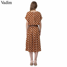 Load image into Gallery viewer, Vadim vintage bow tie sashes dot pattern midi dress elastic waist short sleeve summer ladies casual dresses vestidos QA092
