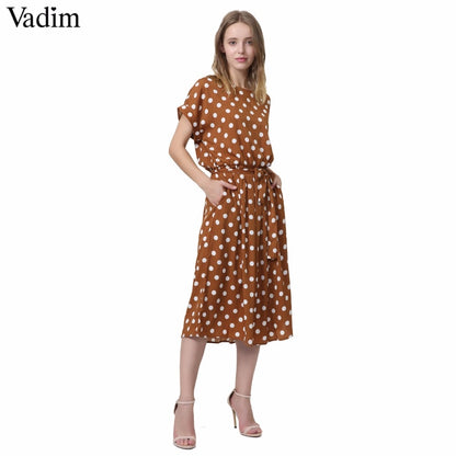 Vadim vintage bow tie sashes dot pattern midi dress elastic waist short sleeve summer ladies casual dresses vestidos QA092