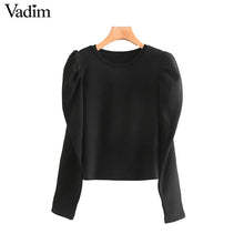 將圖片載入圖庫檢視器 Vadim Women&#39;s elegant black gray sweatshirt O neck long puff sleeve pullover office wear female elegant chic loose tops HA489
