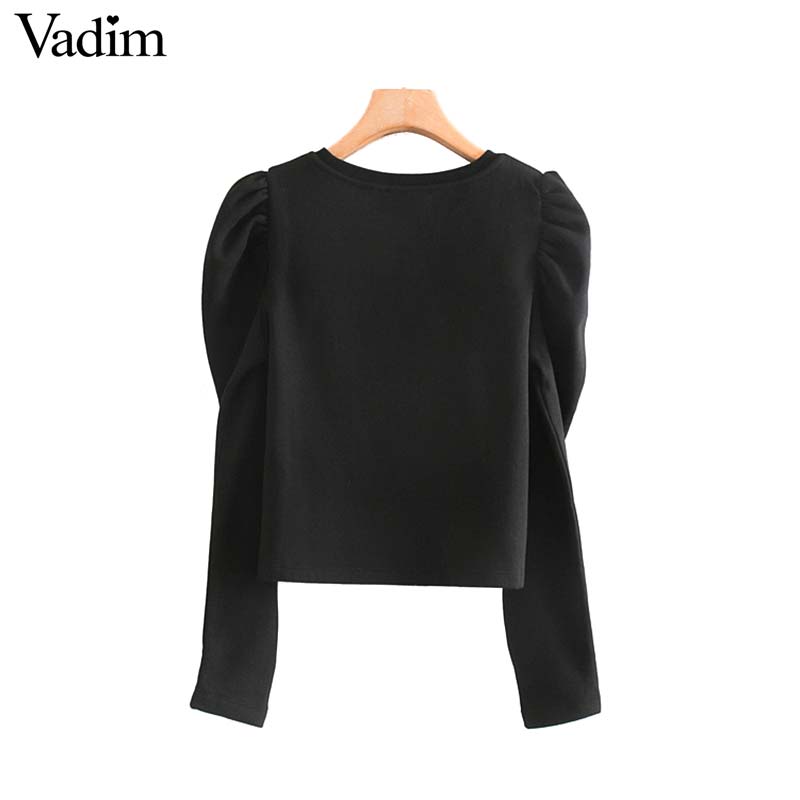 Vadim Women's elegant black gray sweatshirt O neck long puff sleeve pullover office wear female elegant chic loose tops HA489