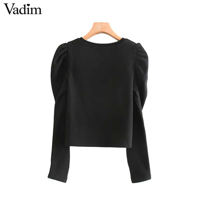 Vadim Women's elegant black gray sweatshirt O neck long puff sleeve pullover office wear female elegant chic loose tops HA489