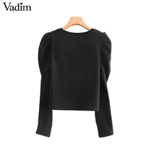 將圖片載入圖庫檢視器 Vadim Women&#39;s elegant black gray sweatshirt O neck long puff sleeve pullover office wear female elegant chic loose tops HA489
