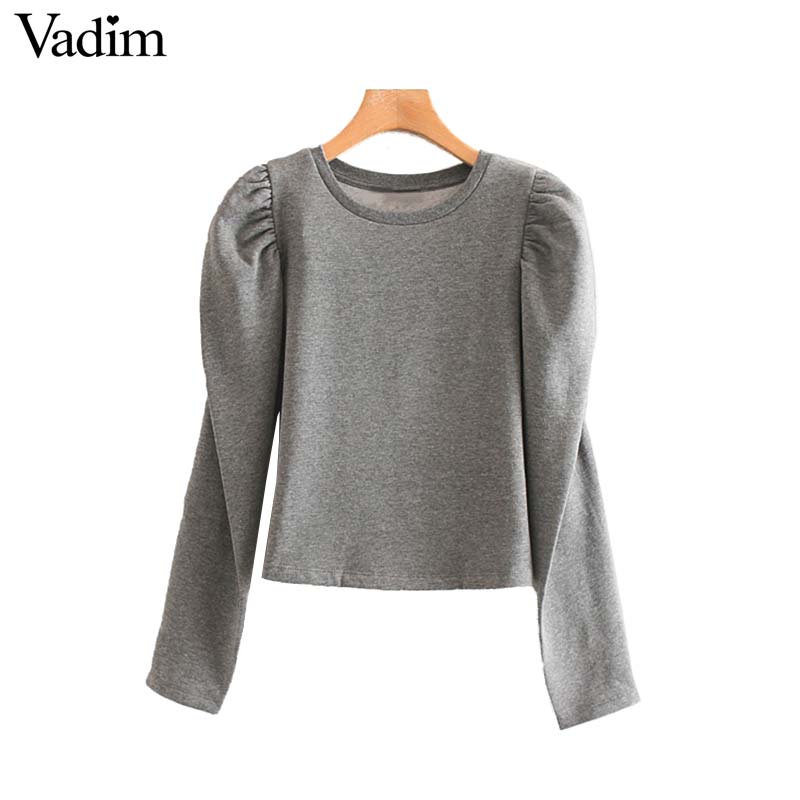 Vadim Women's elegant black gray sweatshirt O neck long puff sleeve pullover office wear female elegant chic loose tops HA489