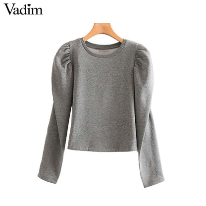 Vadim Women's elegant black gray sweatshirt O neck long puff sleeve pullover office wear female elegant chic loose tops HA489
