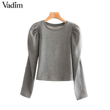 將圖片載入圖庫檢視器 Vadim Women&#39;s elegant black gray sweatshirt O neck long puff sleeve pullover office wear female elegant chic loose tops HA489
