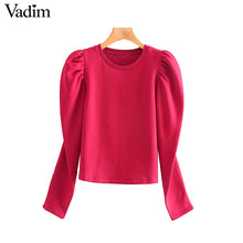 將圖片載入圖庫檢視器 Vadim Women&#39;s elegant black gray sweatshirt O neck long puff sleeve pullover office wear female elegant chic loose tops HA489
