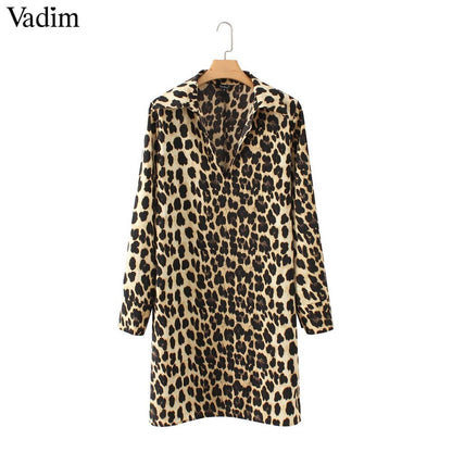 Vadim women Leopard V neck dress animal skin pattern chic long sleeve retro vintage casual straight dresses vestidos QA599