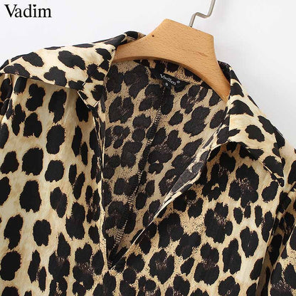 Vadim women Leopard V neck dress animal skin pattern chic long sleeve retro vintage casual straight dresses vestidos QA599