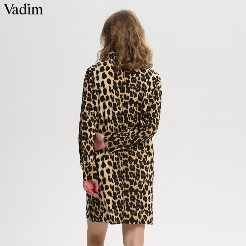 Vadim women Leopard V neck dress animal skin pattern chic long sleeve retro vintage casual straight dresses vestidos QA599