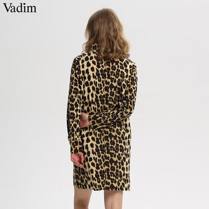 Vadim women Leopard V neck dress animal skin pattern chic long sleeve retro vintage casual straight dresses vestidos QA599