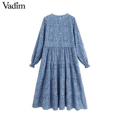 Vadim women chic print dress long sleeve O neck A line high waist female ankle length dresses vestidos QC560