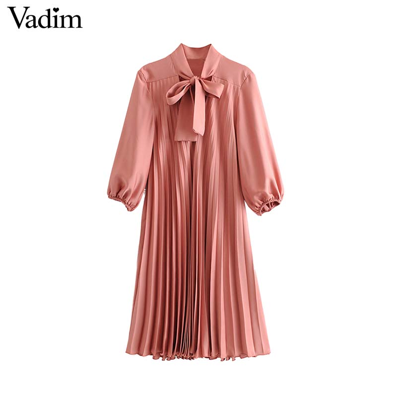 Vadim Women's Pink Pleated Midi Dress Bow Tie Collar Three Quarter Sleeve Straight female knee length sweet dresses QC781