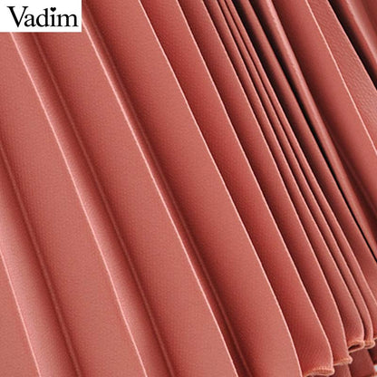 Vadim Women's Pink Pleated Midi Dress Bow Tie Collar Three Quarter Sleeve Straight female knee length sweet dresses QC781