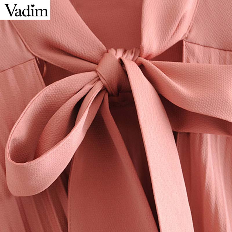 Vadim Women's Pink Pleated Midi Dress Bow Tie Collar Three Quarter Sleeve Straight female knee length sweet dresses QC781