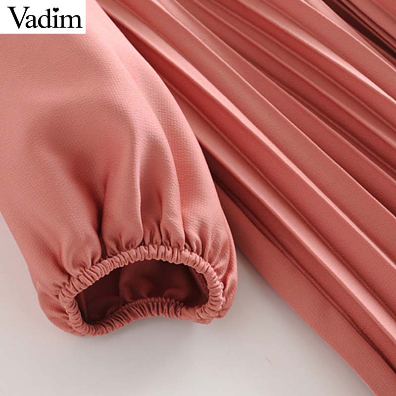 Vadim Women's Pink Pleated Midi Dress Bow Tie Collar Three Quarter Sleeve Straight female knee length sweet dresses QC781