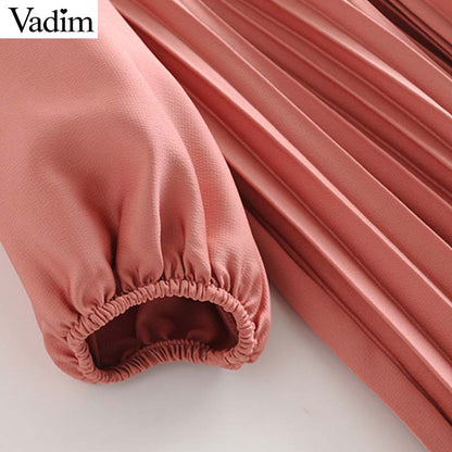 Vadim Women's Pink Pleated Midi Dress Bow Tie Collar Three Quarter Sleeve Straight female knee length sweet dresses QC781