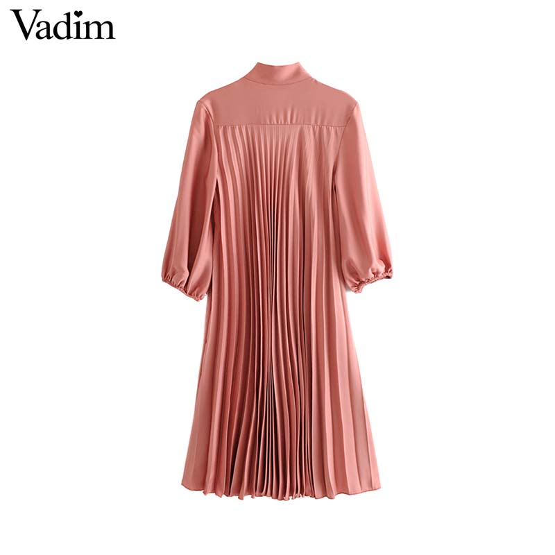 Vadim Women's Pink Pleated Midi Dress Bow Tie Collar Three Quarter Sleeve Straight female knee length sweet dresses QC781