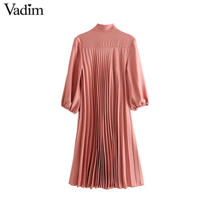 Vadim Women's Pink Pleated Midi Dress Bow Tie Collar Three Quarter Sleeve Straight female knee length sweet dresses QC781