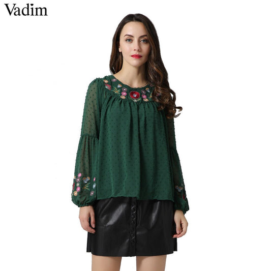 Vadim Women's Floral Embroidery Chiffon Shirts Bow Tie Sleeve O Neck Vintage Style Pleated Blouse Ladies Casual/Dress Tops Blusas LT2157