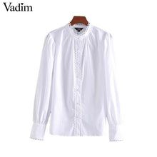 Charger l&#39;image dans la galerie, Vadim women sweet ruffled white blouse long sleeve O neck shirt female elegant office wear chic tops blusas mujer LB491
