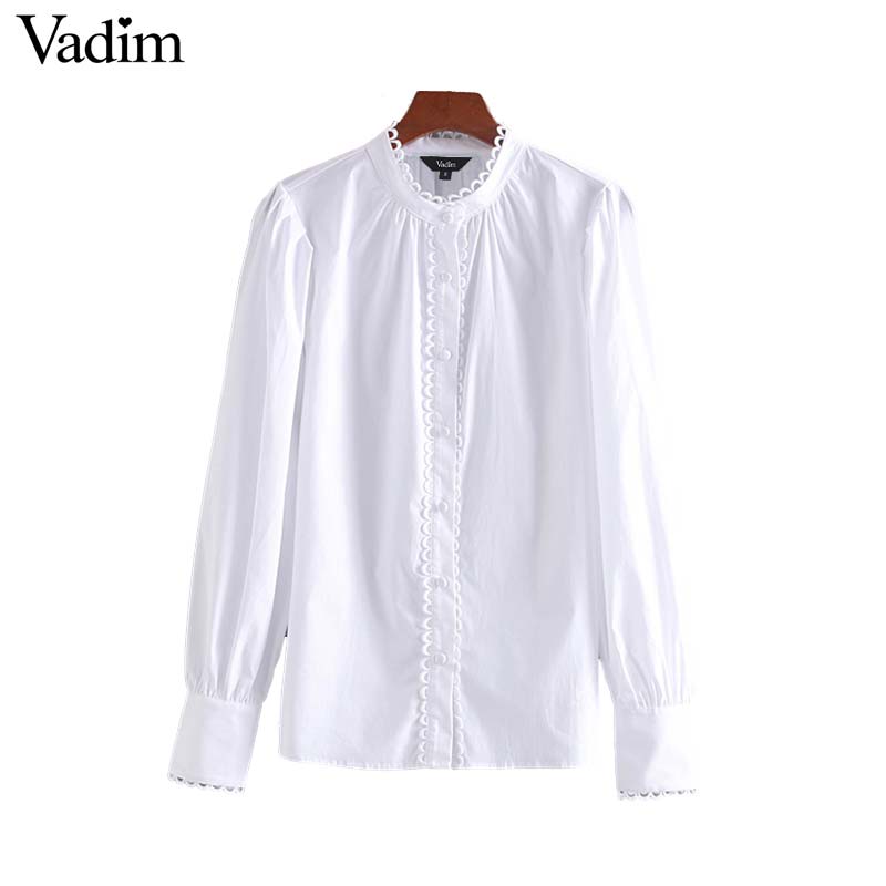 Vadim women sweet ruffled white blouse long sleeve O neck shirt female elegant office wear chic tops blusas mujer LB491