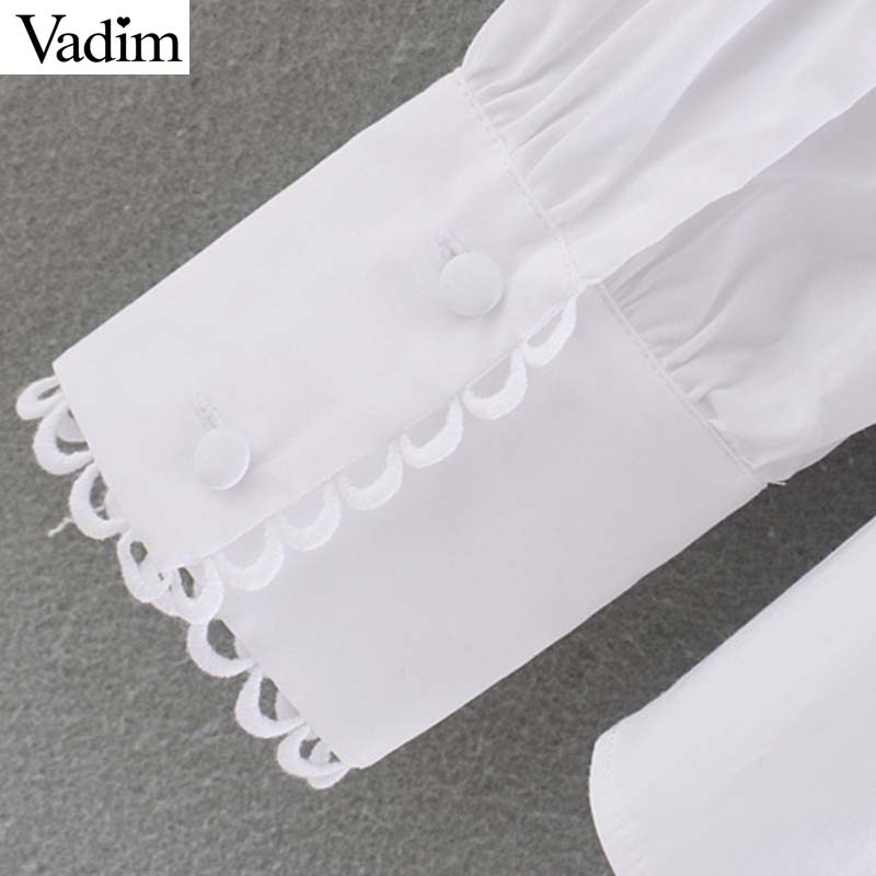 Vadim women sweet ruffled white blouse long sleeve O neck shirt female elegant office wear chic tops blusas mujer LB491