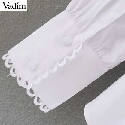 Vadim women sweet ruffled white blouse long sleeve O neck shirt female elegant office wear chic tops blusas mujer LB491
