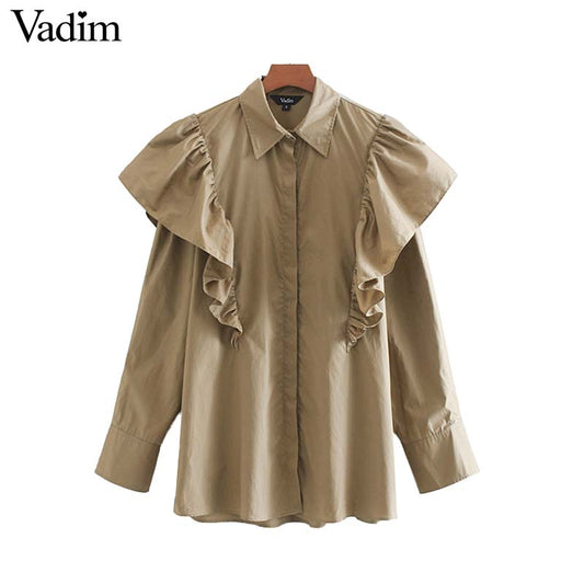 Vadim Women's Vintage Ruffles Khaki Blouse long sleeve female casual shirts office wear retro solid chic tops blusas LB489