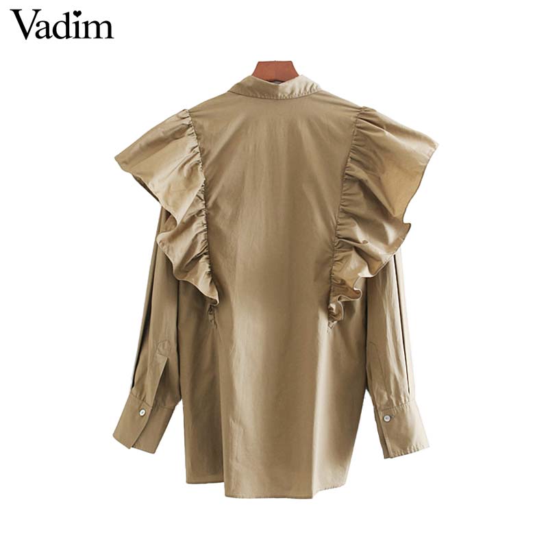 Vadim Women's Vintage Ruffles Khaki Blouse long sleeve female casual shirts office wear retro solid chic tops blusas LB489