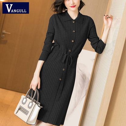 Vangull Women Knitted Dress Female Long Sleeve Dress 2019 New Autumn Winter Turn-down Collar Button Solid Slim Dresses