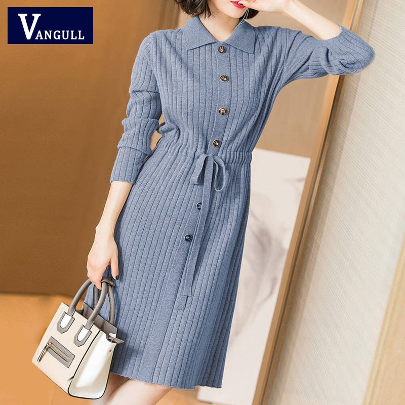 Vangull Women Knitted Dress Female Long Sleeve Dress 2019 New Autumn Winter Turn-down Collar Button Solid Slim Dresses