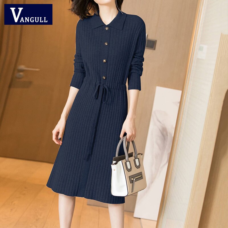 Vangull Women Knitted Dress Female Long Sleeve Dress 2019 New Autumn Winter Turn-down Collar Button Solid Slim Dresses