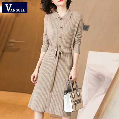Vangull Women Knitted Dress Female Long Sleeve Dress 2019 New Autumn Winter Turn-down Collar Button Solid Slim Dresses